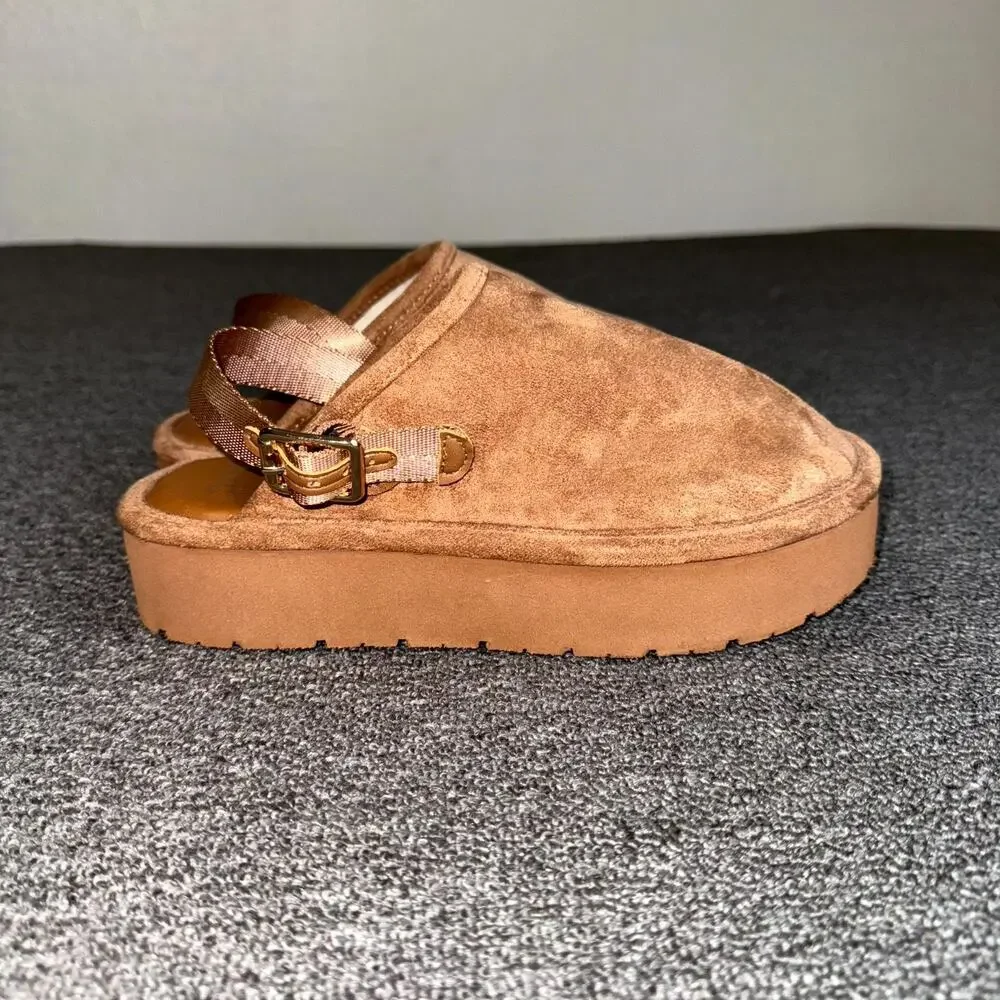 Madden NYC Platform Clogs Girl 3 Brown Suede Faux Shearling Lining Buckle Strap